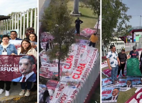 En la esquina de Insurgentes y Puente de Alvarado se dan cita brigadas de promotores de Omar García Harfuch, aspirante de Morena a la Jefatura de Gobierno de la Ciudad de México. Cargan cientos de bolsitas con playeras y gorras que habrán de repartir por las calles de la Alcaldía Cuauhtémoc. FOTOS: X / AlvarezMaynez / Laura Ballesteros