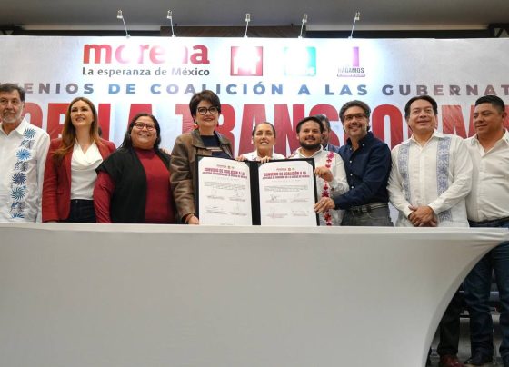 Morena y los partidos Verde Ecologista de México (PVEM) y del Trabajo (PT) firmaron el convenio de coalición para ir juntos en el proceso electoral de 2024 para renovar la Jefatura de Gobierno de la Ciudad de México. FOTO: Morena CDMX