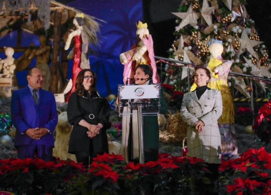 Como parte de los festejos de fin de año, la presidenta de la Mesa Directiva, Ana Lilia Rivera Rivera, encabezó el encendido del árbol navideño y la inauguración de la exposición del tradicional nacimiento en las escalinatas del Senado de la República. FOTO: Senado