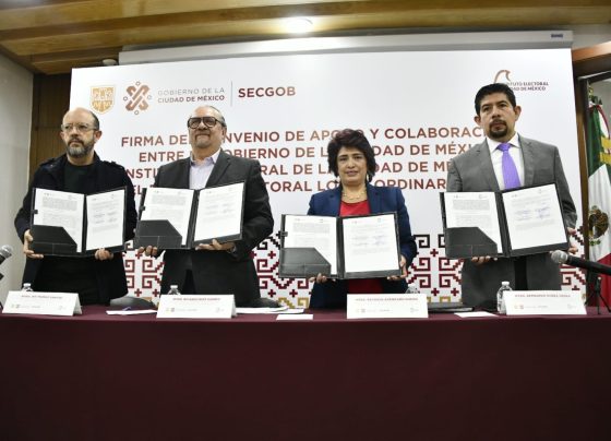 El Gobierno capitalino y el IECM suscribieron un convenio de colaboración con el objetivo de apoyar los trabajos de preparación del Proceso Electoral Local Ordinario 2023-2024 así como contribuir a la seguridad y desarrollo de la jornada electoral que se llevará a cabo el 2 de junio del 2024. FOTO: GCDMX
