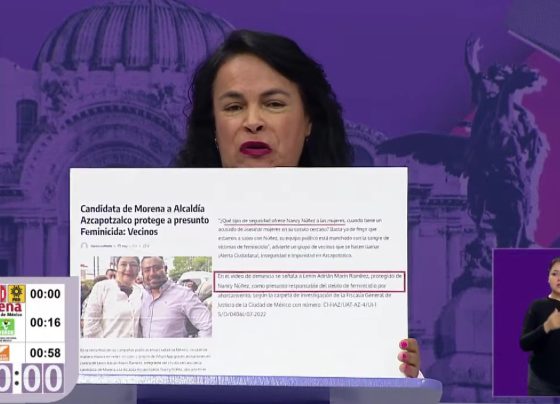 Margarita Saldaña evidenció otra grave incongruencia de Núñez, pues vecinos de la demarcación acusan que su coordinador de campaña, Lenin Adrián Martín Ramírez, está acusado de feminicidio y ella lo protege. FOTO: Captura de pantalla video oficial