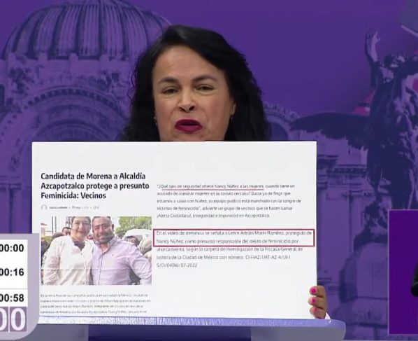 Margarita Saldaña evidenció otra grave incongruencia de Núñez, pues vecinos de la demarcación acusan que su coordinador de campaña, Lenin Adrián Martín Ramírez, está acusado de feminicidio y ella lo protege. FOTO: Captura de pantalla video oficial