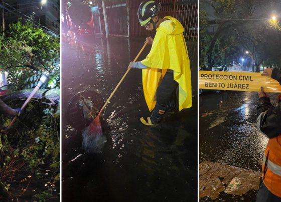 Personal de la alcaldía Benito Juárez de la estrategia Blindar BJ360°, Protección Civil y Servicios Urbanos trabajan ininterrumpidamente desde tarde de ayer para atender los 28 puntos con afectaciones derivadas de las intensas lluvias en la Ciudad.