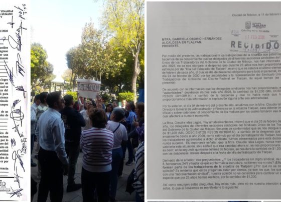Otra vez, trabajadores de la Alcaldía Tlalpan acusaron a la edil de Morena, Gabriela Osorio de robarles dinero, de a 500 por cada uno de los 4 mil trabajadores, lo que suma 2 millones de pesos. ¿Dónde está el dinero? FOTO: Especial