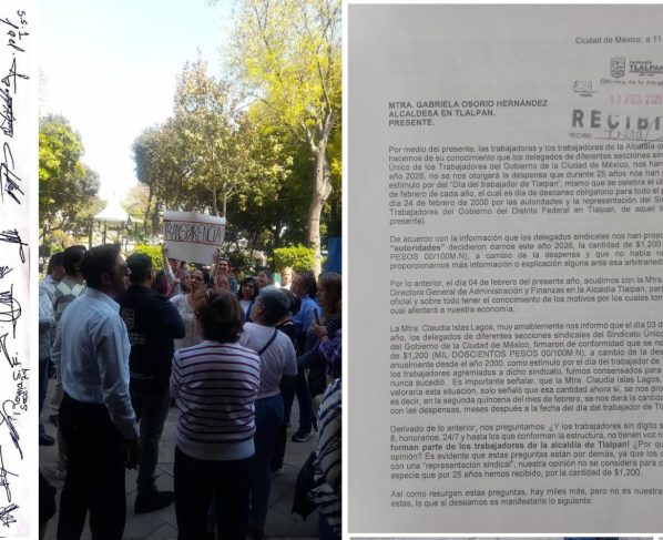 Otra vez, trabajadores de la Alcaldía Tlalpan acusaron a la edil de Morena, Gabriela Osorio de robarles dinero, de a 500 por cada uno de los 4 mil trabajadores, lo que suma 2 millones de pesos. ¿Dónde está el dinero? FOTO: Especial