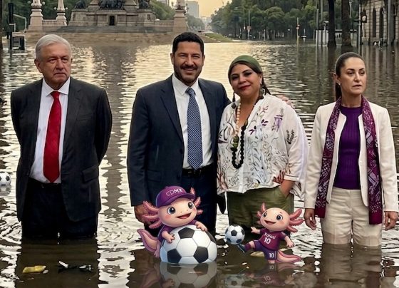 Ni los gobiernos federal de AMLO ni de Sheinbaum, ni las etapas en el GCDMX de la propia Sheinbaum y de Martí Batres se ocuparon de iniciar obra alguna con motivo del Mundial de futbol. Le dejaron todo a Clara Brugada, que hizo lo que pudo. FOTOS: Archivo - IMAGEN: modificación con IA Gemini