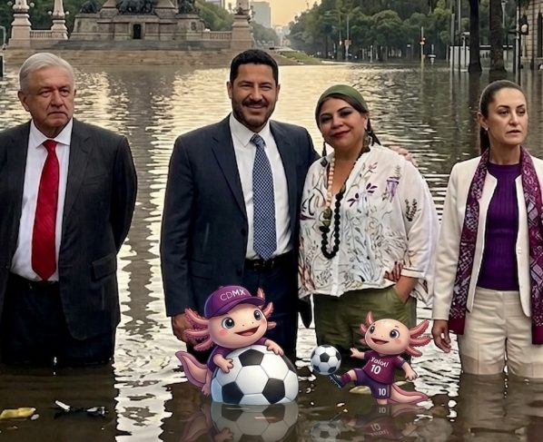 Ni los gobiernos federal de AMLO ni de Sheinbaum, ni las etapas en el GCDMX de la propia Sheinbaum y de Martí Batres se ocuparon de iniciar obra alguna con motivo del Mundial de futbol. Le dejaron todo a Clara Brugada, que hizo lo que pudo. FOTOS: Archivo - IMAGEN: modificación con IA Gemini