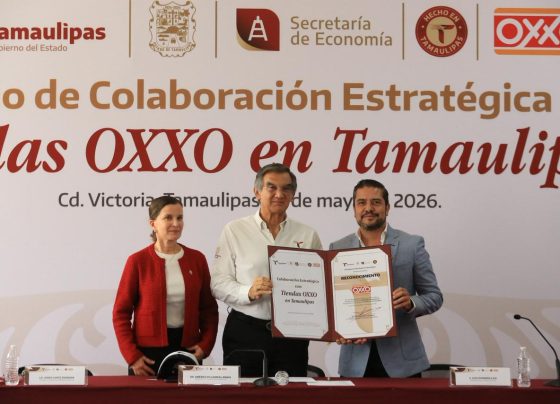 Al atestiguar el anuncio de inversión por 300 millones de pesos y la apertura de 60 nuevas tiendas de la cadena OXXO en el estado -que generarán 450 empleos directos-, el gobernador de Tamaulipas, Américo Villarreal Anaya, sostuvo que esta decisión refleja la confianza de las empresas en las condiciones de desarrollo y seguridad que hay en la entidad. FOTO: Especial